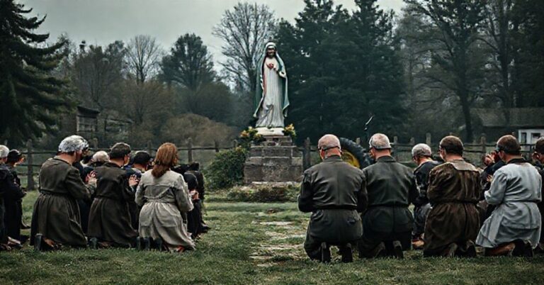 Grupa rolników modli się przed obrazem Matki Boskiej Jasnogórskiej, z traktorem w tle symbolizującym współczesne problemy gospodarcze.