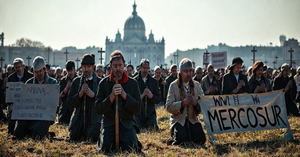 Grupa rolników modli się w polu, prosząc o zbawienie przed globalistycznymi układami, z widokiem Watykanu w tle.