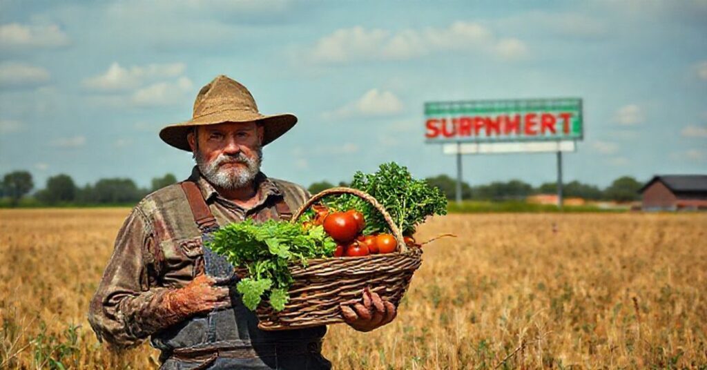 Polski rolnik trzymający koszyk z warzywami przed tłem supermarketu, symbolizujący ekonomiczną nierówność i zaniedbanie nauki społecznej Kościoła