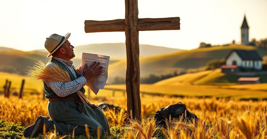 Kneeling Catholic farmer in traditional attire praying before a wooden cross in a sunlit countryside with rolling hills and a distant village church.
