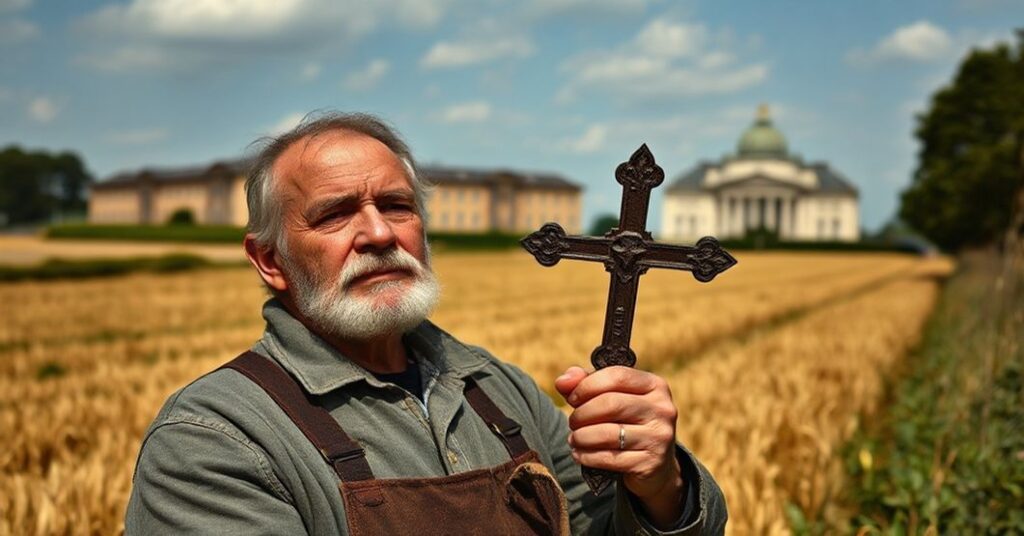 Rolnik katolicki w polu z krzyżem, patrząc w daleką perspektywę na budynek Parlamentu Europejskiego