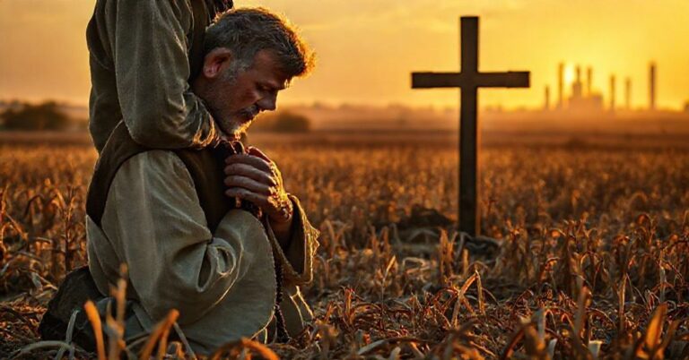 Kneeling farmer in traditional attire praying before a rustic cross amidst withered crops, symbolizing economic and spiritual crisis in Polish agriculture