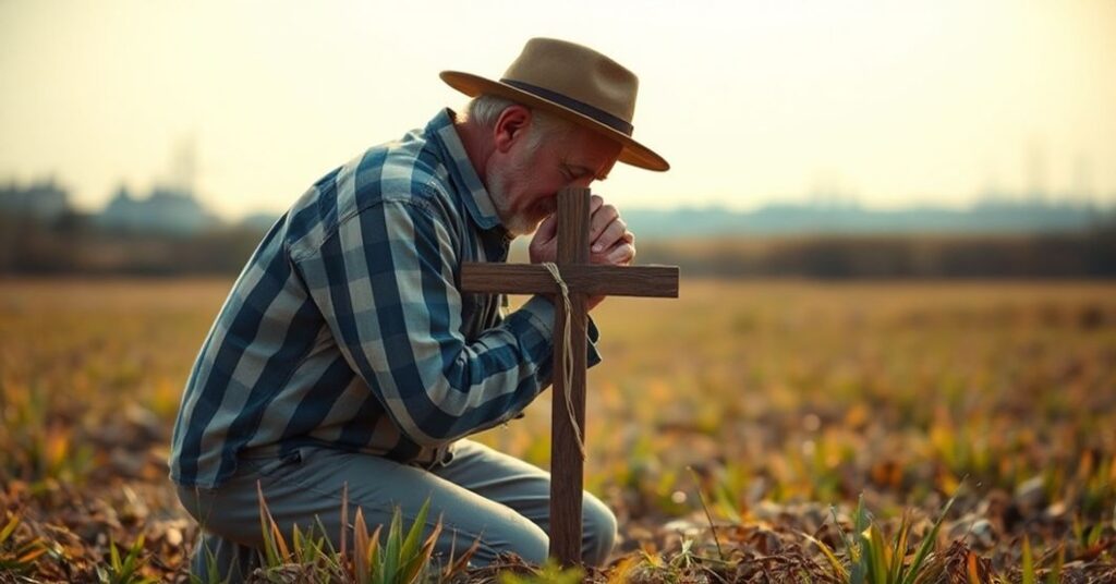 Rolnik modlący się w polu z drewnowym krzyżem na tle kompleksu przemysłowego