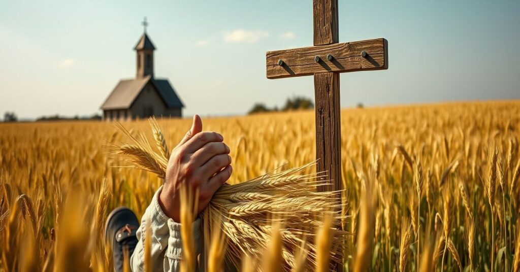 Tradycyjny polski rolnik modlący się w polu zbożowym przed krzyżem drewnianym