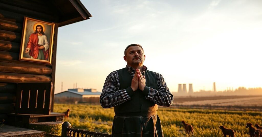 Rolnik modlący się przed kapliczką na tle polskiego krajobrazu z nowoczesnymi zakładami przemysłowymi na horyzoncie
