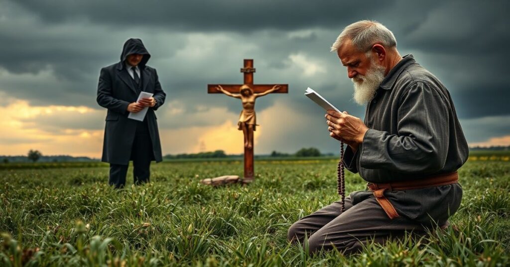 Modlący się rolnik w polu z burzą w tle i ofertą ubezpieczeniową