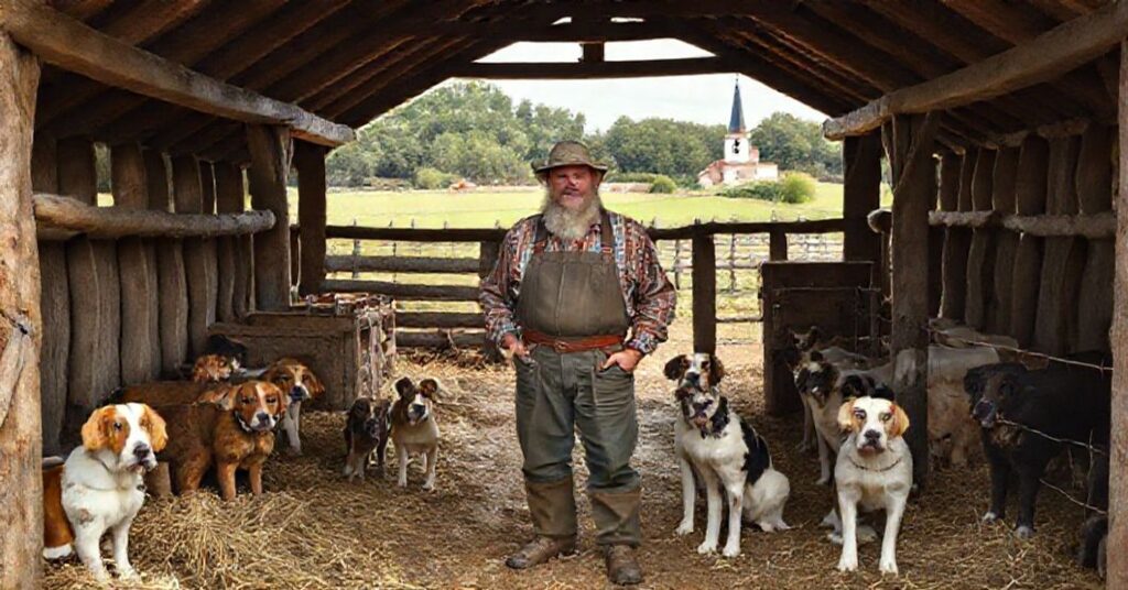 Tradycyjne wiejskie gospodarstwo z rolnikiem Karol Nawrocki otoczonym psami w funkcjonalnych klatkach. Tło to urocza wiejska krajobraz z widocznym kościołem w oddali.