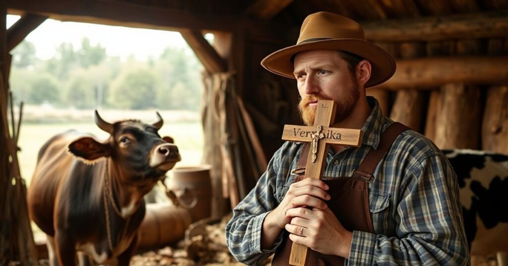 Mężczyzna trzymający krzyż w stajni obok krowy Veroniki, symbolizujący konflikt między boskim porządkiem a redukcją człowieka do zwierzęcej natury.