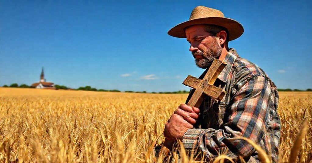 Rolnik modlący się w polu z krzyżem - prawdziwa misja Kościoła: duchowe przywodnictwo i społeczne królestwo Chrystusa.