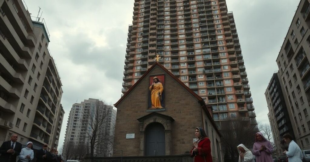 Zdjęcie przedstawiająca wieżowiec Roma Tower dominujący nad zabytkowym kościołem św. Apostołów Piotra i Pawła w Warszawie. Widoczne znaki zaniedbania kościoła i zarzutów modernistycznych renowacji.