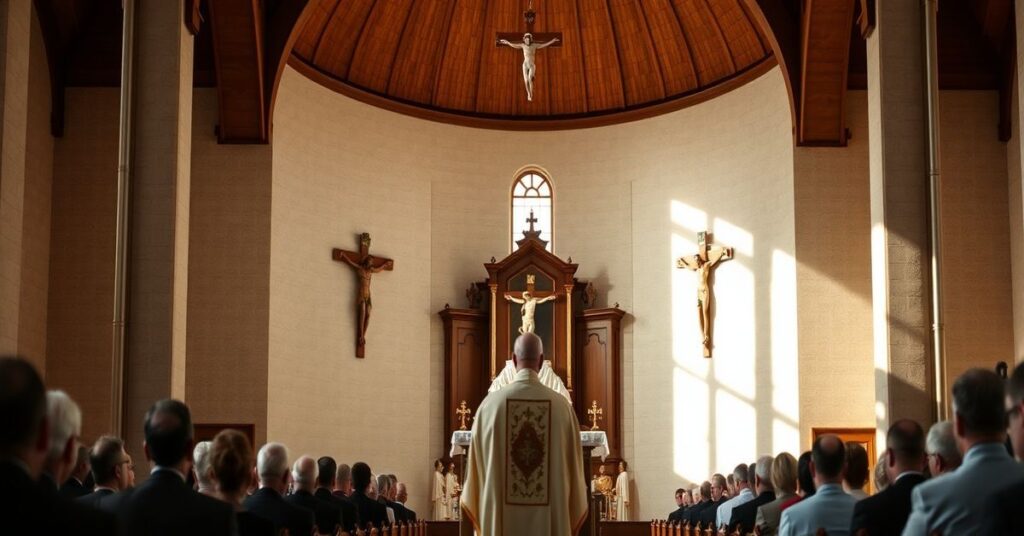 Wnętrze kościoła Najświętszego Serca Pana Jezusa w Bielsku-Białej podczas kazania Romanka Pindla o świeckim humanizmie