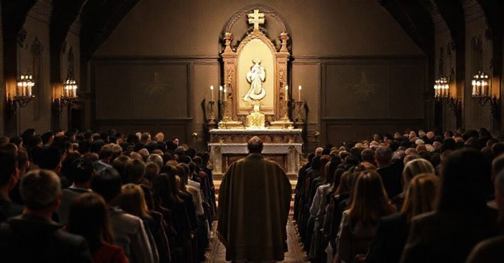 Zdjęcie przedstawiające tradycyjną katolicką kaplicę podczas rorat akademickich w Łodzi z biskupem Zbigniewem Wołkowiczem na ambonie.