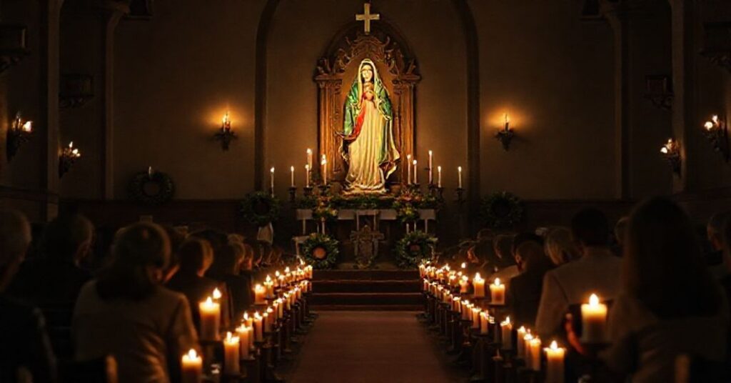 Tradycyjne katolickie Roraty w świątyni z wiernymi modlącymi się przy świecach i wiencu adwentowym przed statuą Matki Boskiej.