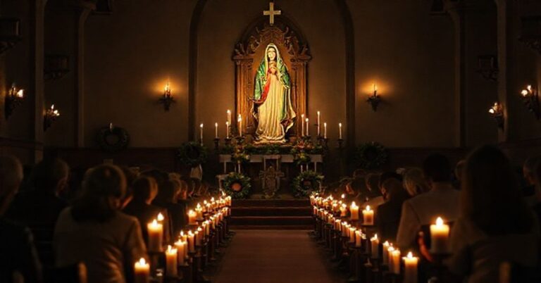 Tradycyjne katolickie Roraty w świątyni z wiernymi modlącymi się przy świecach i wiencu adwentowym przed statuą Matki Boskiej.