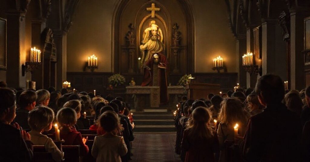 Tradycyjny kościół katolicki podczas Rorat świątecznych z dziećmi i młodzieżą w modlitwie przy świetle świec. W tle figura św. Mikołaja. Cieniowa postać uzurpatora 'Leona XIV' na ambonie.