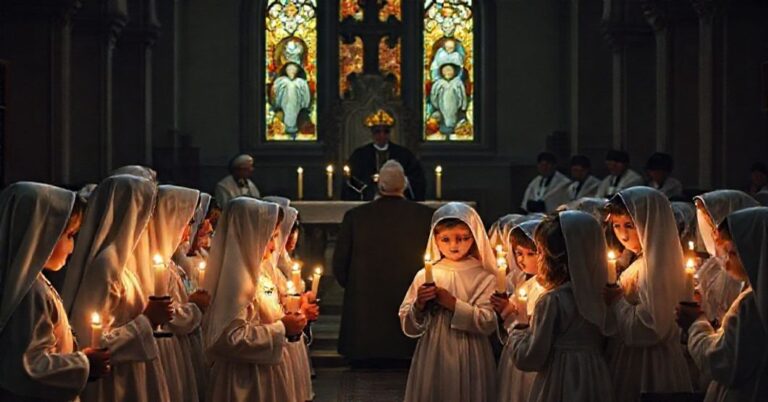 Smutna scena tradycyjnych katolickich dzieci podczas rorat z fałszywym papieżem Leonem XIV w tle.
