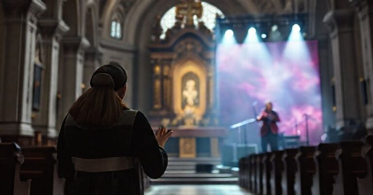 Kobieta w tradycyjnym stroju katolickim modli się przed tabernakulum w historycznym kościele, kontrastując z współczesną sceną koncertową artystki Rosalíi.