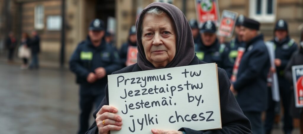 Portret 75-letniej katolickiej babci Rose Docherty trzymającej tabliczkę z napisem 'Przymus to przestępstwo' przed kliniką aborcyjną w Szkocji.
