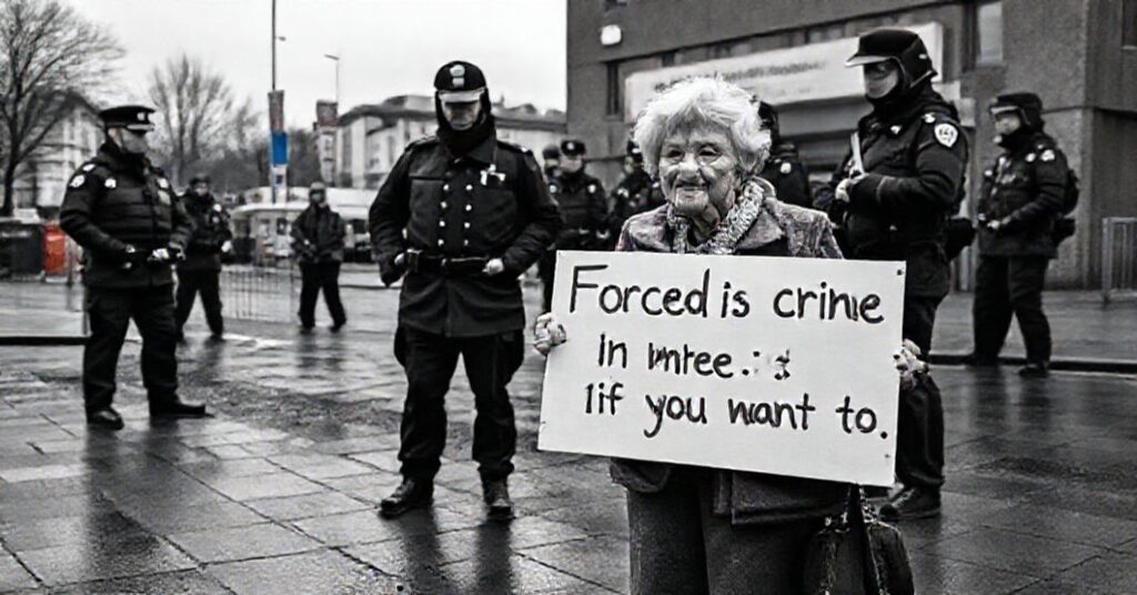 Obraz przedstawiający 75-letnią Rose Docherty stojącą w strefie buforowej w Szkocji z tabliczką "Przymus jest przestępstwem, jestem tu, by rozmawiać - jeśli chcesz", otoczoną przez policję. Tło widać klinikę aborcji i szare miasto. Scena oddaje dramat walki o życie i wiarę w społeczeństwie bezbożnym.