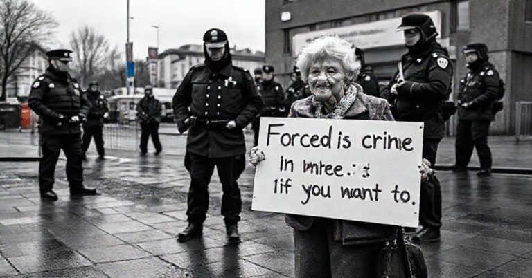 Obraz przedstawiający 75-letnią Rose Docherty stojącą w strefie buforowej w Szkocji z tabliczką "Przymus jest przestępstwem, jestem tu, by rozmawiać - jeśli chcesz", otoczoną przez policję. Tło widać klinikę aborcji i szare miasto. Scena oddaje dramat walki o życie i wiarę w społeczeństwie bezbożnym.