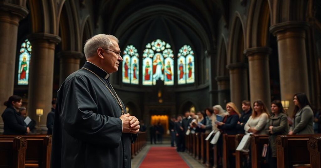 Ksiądz w tradycyjnym ornaty stoi w ciemnym kościele z różańcem, patrząć na grupę rosyjskich aktywistów pro-life rozdających pomoc materialną ciężarnym kobietom.