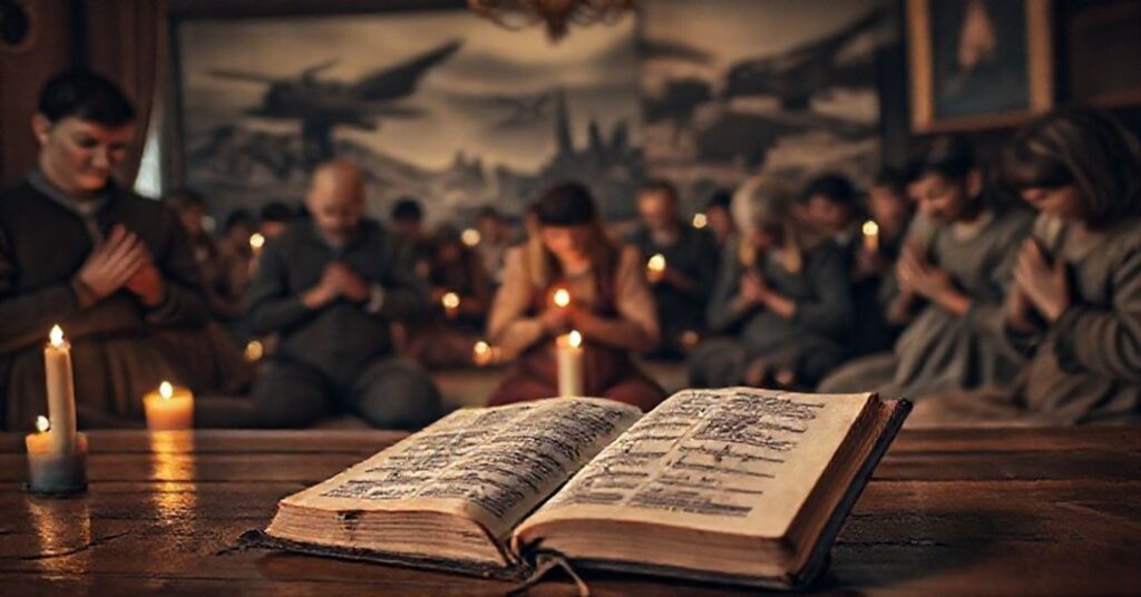 Grupa rosyjskich chłopów w tradycyjnym stroju modli się w cichym pomieszczeniu, tłem jest wojna i zniszczenie.