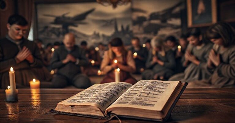 Grupa rosyjskich chłopów w tradycyjnym stroju modli się w cichym pomieszczeniu, tłem jest wojna i zniszczenie.