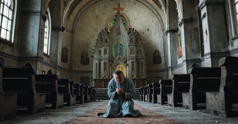 Osoba modli się przed starym kościołem w Rosji w otoczeniu symboli nowego katolickiego modernizmu.