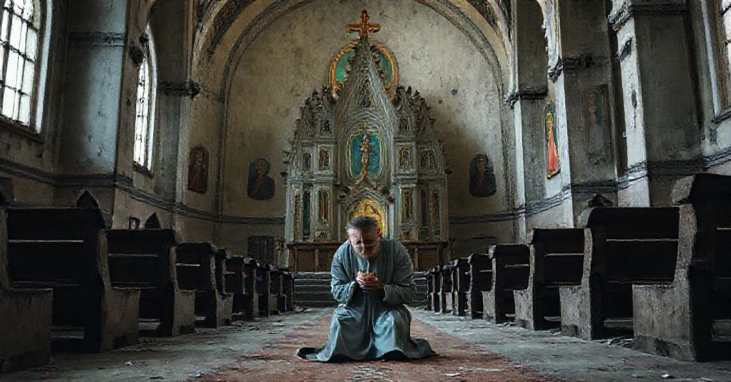 Osoba modli się przed starym kościołem w Rosji w otoczeniu symboli nowego katolickiego modernizmu.