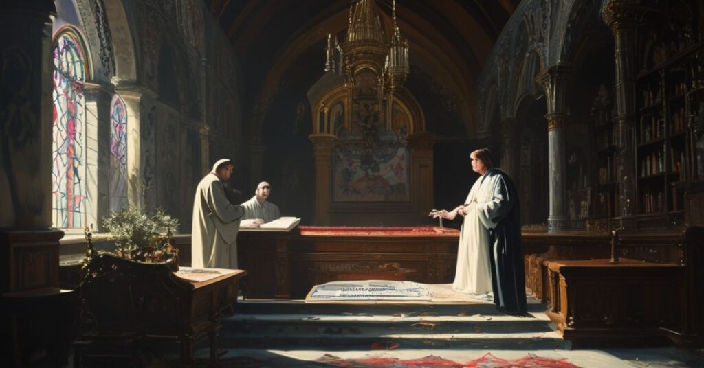 Rosyjscy pseudohierarchowie Paolo Pezzi i Cyryl Gorbunow w ciemnej cerkwi prawosławnej z dokumentem ekumenicznym na ołtarzu