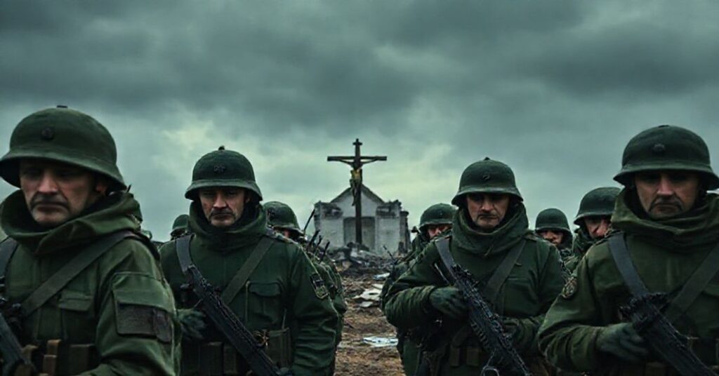 Rosyjscy żołnierze "zielone ludziki" przy granicy z Estonią, widziani przez pogląd katolicki tradycyjny. Scena napięcia symbolizująca moralny i duchowy upadek Rosji schizmatycznej.