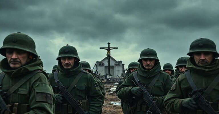 Rosyjscy żołnierze "zielone ludziki" przy granicy z Estonią, widziani przez pogląd katolicki tradycyjny. Scena napięcia symbolizująca moralny i duchowy upadek Rosji schizmatycznej.