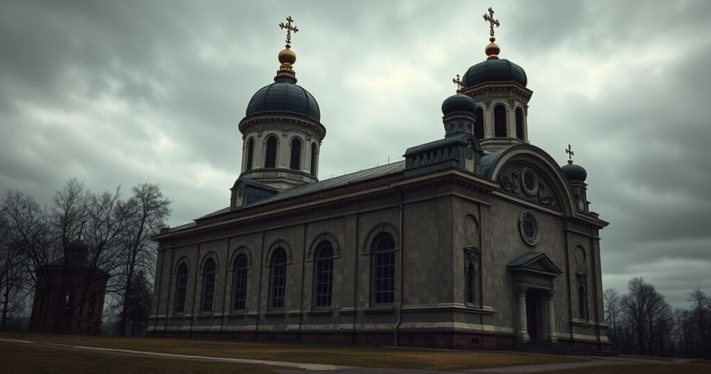 Realistyczne zdjęcie rosyjskiej cerkwi prawosławnej z poważnym wyrazem, ukazujące duchową głębię i krytykę kolaboracji z reżimem