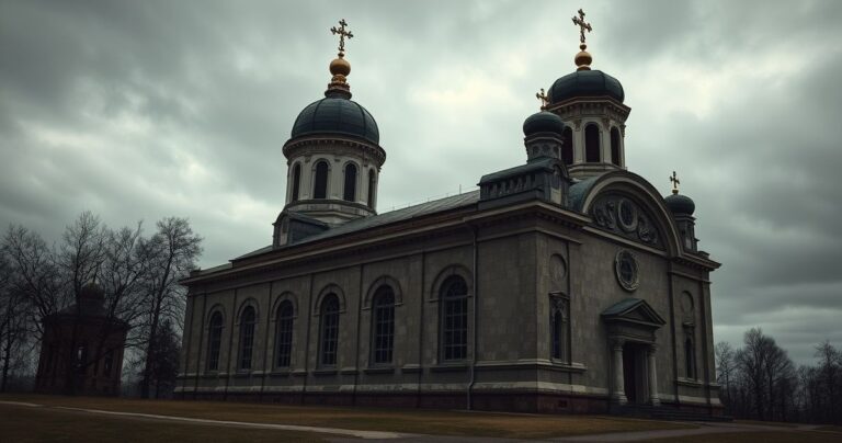 Realistyczne zdjęcie rosyjskiej cerkwi prawosławnej z poważnym wyrazem, ukazujące duchową głębię i krytykę kolaboracji z reżimem