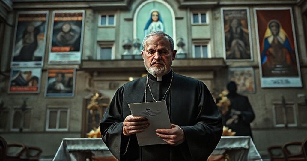 Katolicki ksiądz w tradycyjnych szatach stoi przed schizmatycznym ołtarzem prawosławnym, jego twarz wyraża głęboki smutek. Na tle widoczny jest budynek z czasów radzieckich zdobiony propagandowymi plakatami rodzinnych wartości.