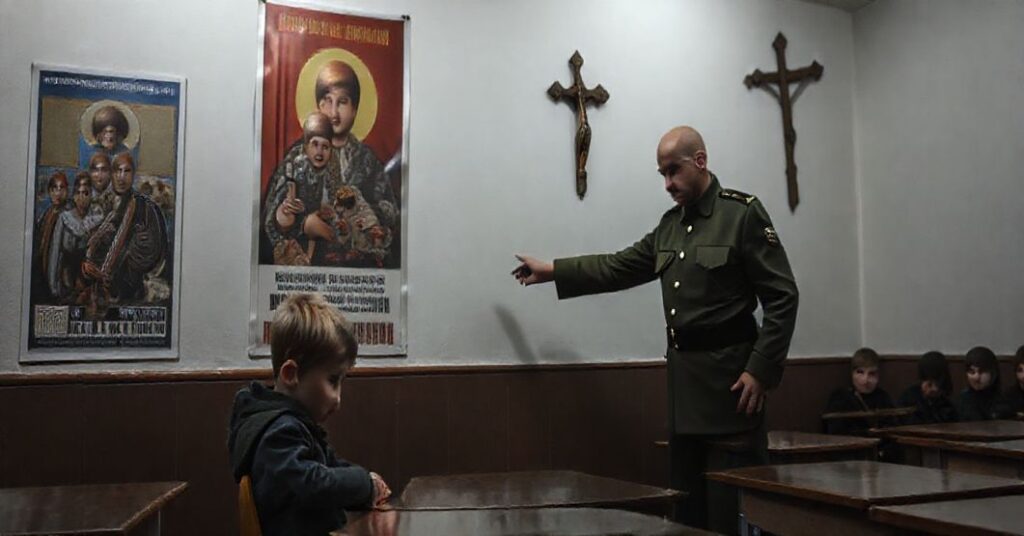 Solemne klasy w Rosji w 2025 roku. Nauczycielka w mundurze wojskowym pokazuje dzieciom propagandowy plakat glosujący wojnę.