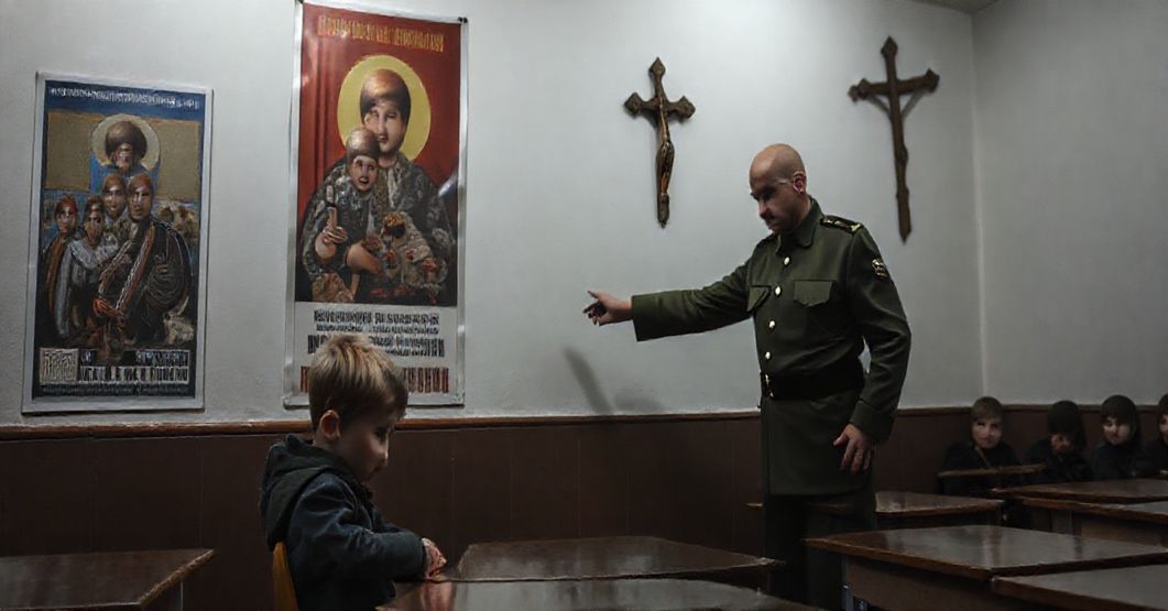 Solemne klasy w Rosji w 2025 roku. Nauczycielka w mundurze wojskowym pokazuje dzieciom propagandowy plakat glosujący wojnę.