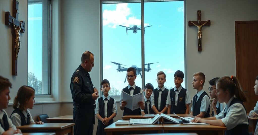 Grupa uczniów w klasie szkolnej z krzyżem na ścianie, nauczyciel wojskowy pokazuje konstrukcję dronów. Symbole militarizacji w edukacji katolickiej.