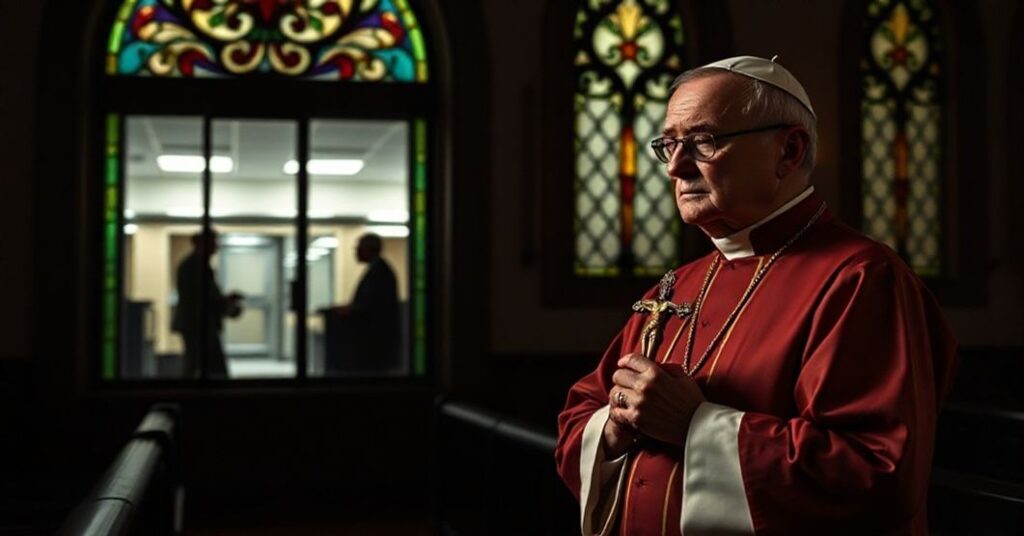 Ksiądz w tradycyjnych szatach liturgicznych trzyma krzyż przed witrażem kościoła patrzący na biuro poboru wojskowego