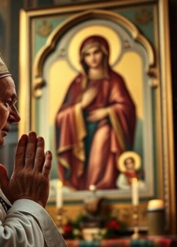 Modlitwa w Prawosławnej Rosji: Środki czy duchowa płapka? Kobieta modląca się przed ikoną Matki Bożej z łaskawicami w tradycyjnym prawosławnym kościele, mająca na twarzy smutek i nadzieją