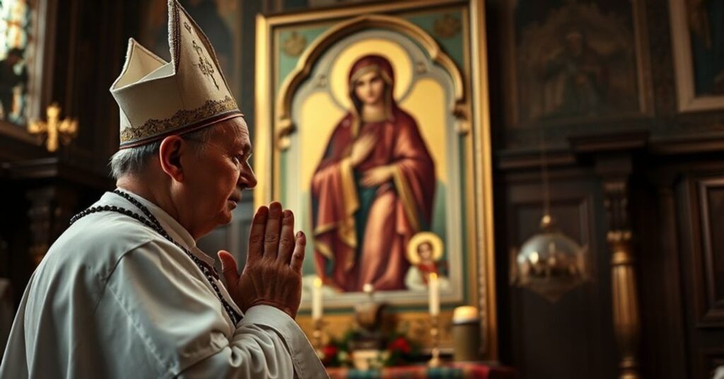 Kobieta modląca się przed ikoną Matki Bożej z łaskawicami w tradycyjnym prawosławnym kościele, mająca na twarzy smutek i nadzieją