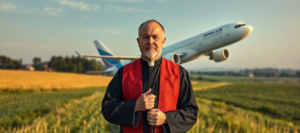 Ksiądz w tradycyjnym stroju liturgicznym trzyma różaniec w spokojnym krajobrazie litewskiej wsi. Na tle samolot z zaburzonymi liniami lotu symbolizuje rosyjską wojnę elektroniczną nad Litwą.
