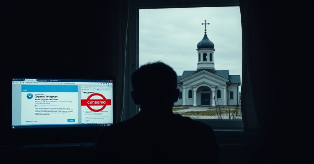 Młody Rosjanin w ciemnym pokoju przed zablokowanym ekranem komputera z komunikatem o blokadzie Telegramu i podatkiem za dostęp do internetu.