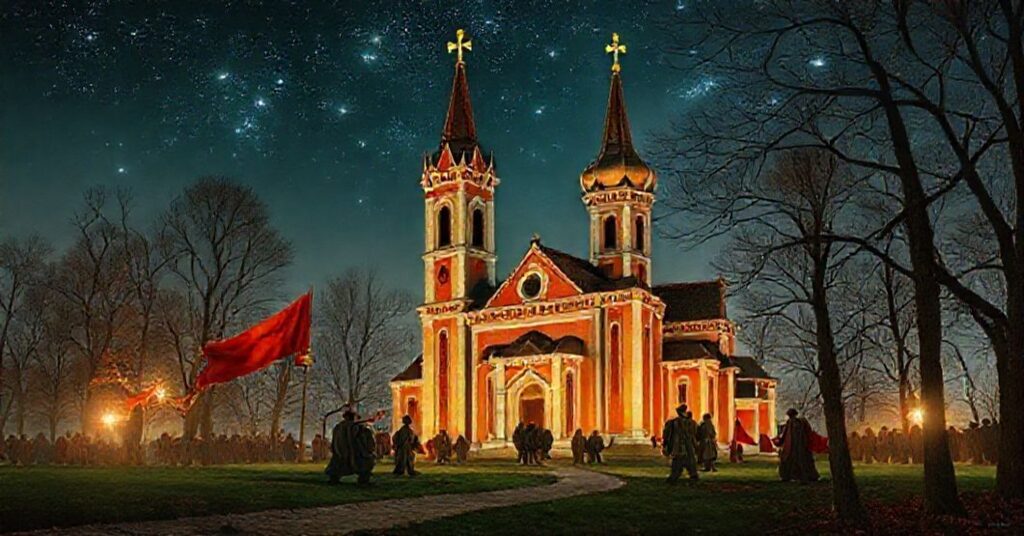 Rosyjski generał Fanił Sarwarow modli się w katolickim kościele przed ikonostasem z Chrystusem Sędzią