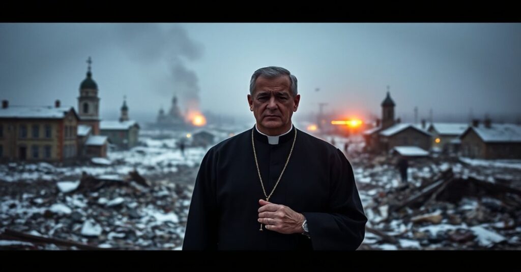 Zniszczone miasto ukraińskie w trakcie rosyjskiego ataku przy temperaturach poniżej -20°C. Ksiądz w sutannie modli się z różańcem na ręce wśród szczątków zniszczonych kościołów i domów.