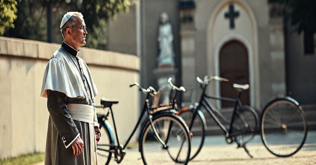 Człowiek w tradycyjnym ubiorze katolickim rozmyśla o rowerze jako symbolu przeciwieństwa między prawdziwą cnotą a współczesną pogańską idolatrią.