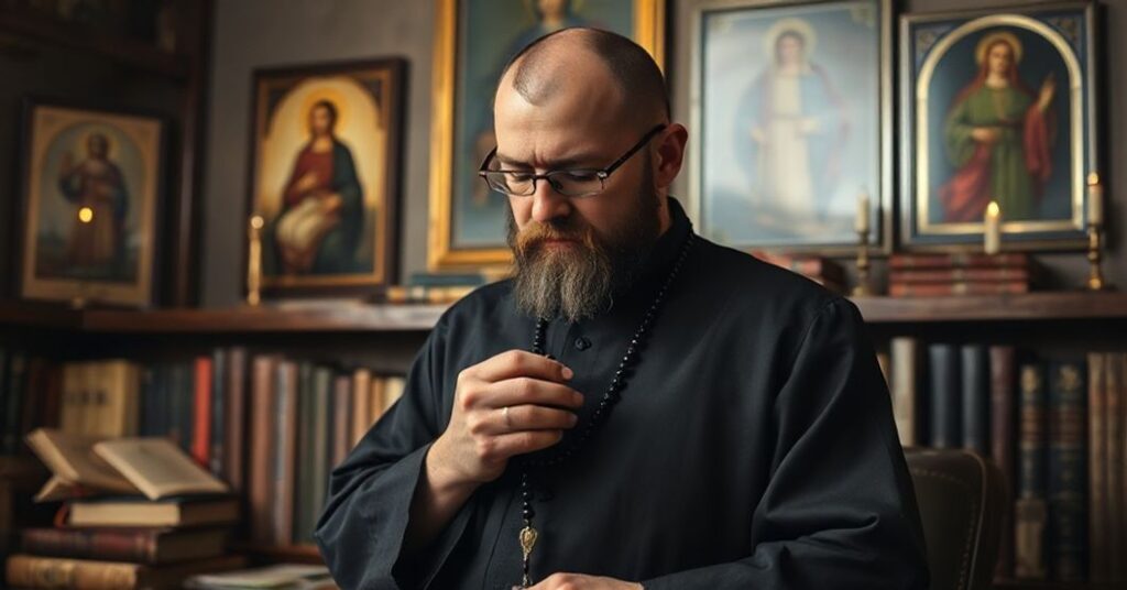 Tradycyjny katolik sedewakantysta modli się różańcem w poważnej atmosferze, otoczony starymi katolickimi książkami i obrazami.