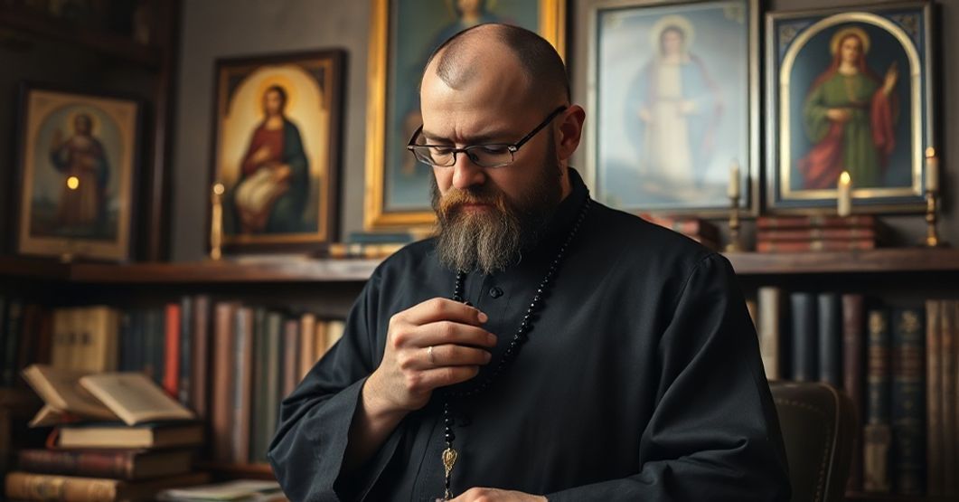 Tradycyjny katolik sedewakantysta modli się różańcem w poważnej atmosferze, otoczony starymi katolickimi książkami i obrazami.