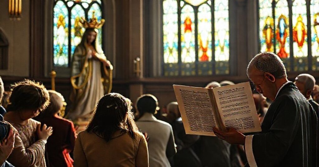 Solemne widok tradycyjnej statuy Matki Bożej w kościele z rozczarowanymi katolikami cieszącymi się dokumentem 'Mater Populi Fidelis' Kardynała Fernándeza