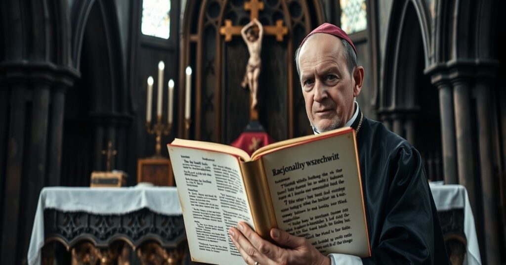Prawdziwy katolicki ksiądz w tradycyjnych szatach liturgicznych przed ołtarzem z Biblią Michała Hellera, wyrażający niezgody z modernizmem